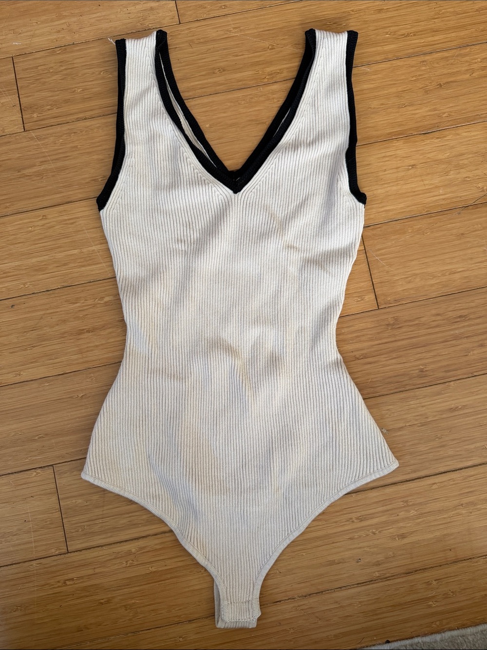 Caroline Constas Cream Ribbed V-Neck Bodysuit with Black Trim